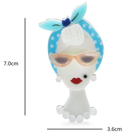 Adorable Pinup Girl laser cut acrylic pin with aqua polka dot bandana - Picture 3 of 4